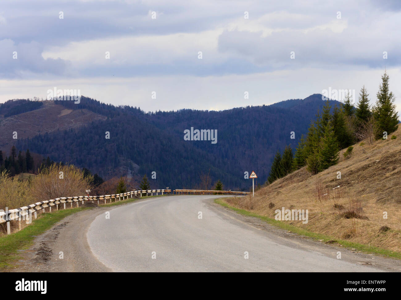 turn of road in Carpathian mountains Stock Photo