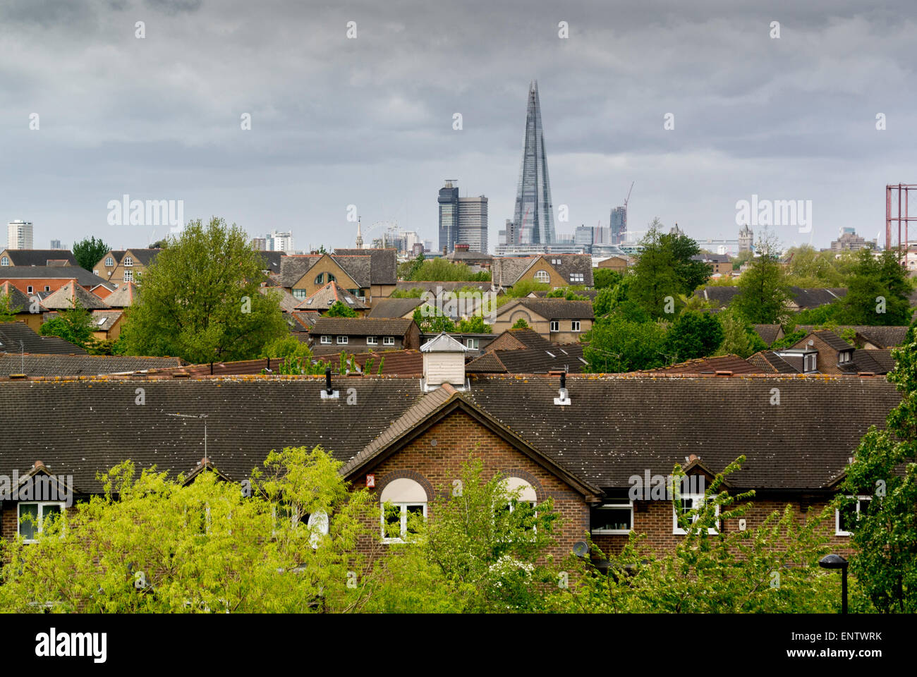View of The Shard and residential houses from Stave Hill, Rotherhithe, London. Stock Photo