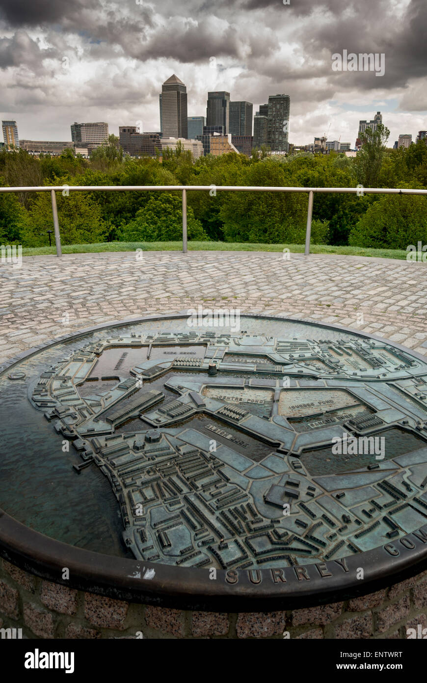 View of Canary Wharf from Stave Hill, Rotherhithe, London. Stock Photo