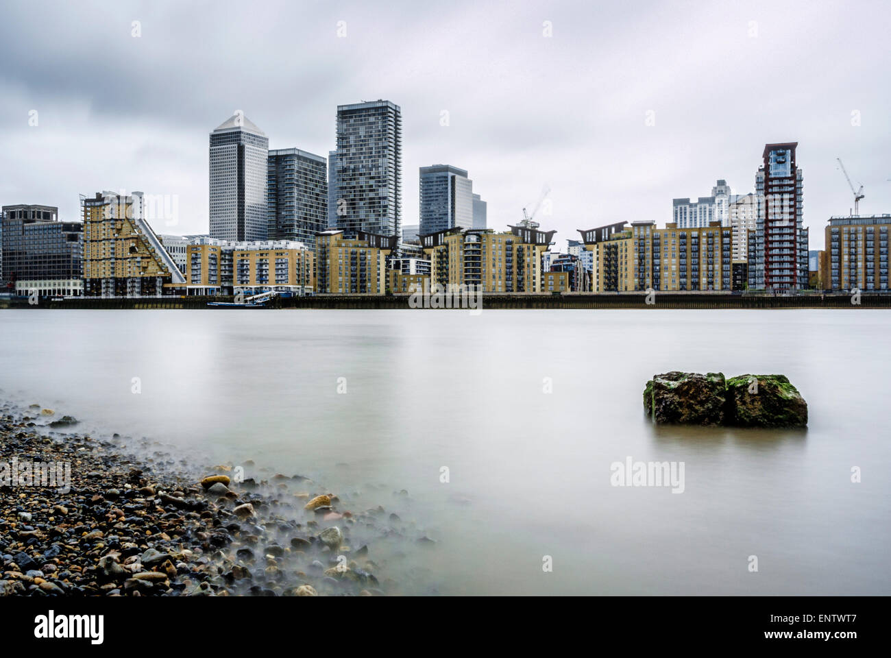 View of Canary Wharf from South side of river Thames (Rotherhithe, Southwark, London.) Stock Photo