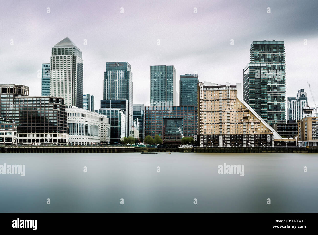 View of Canary Wharf from South side of river Thames (Rotherhithe, Southwark, London.) Stock Photo