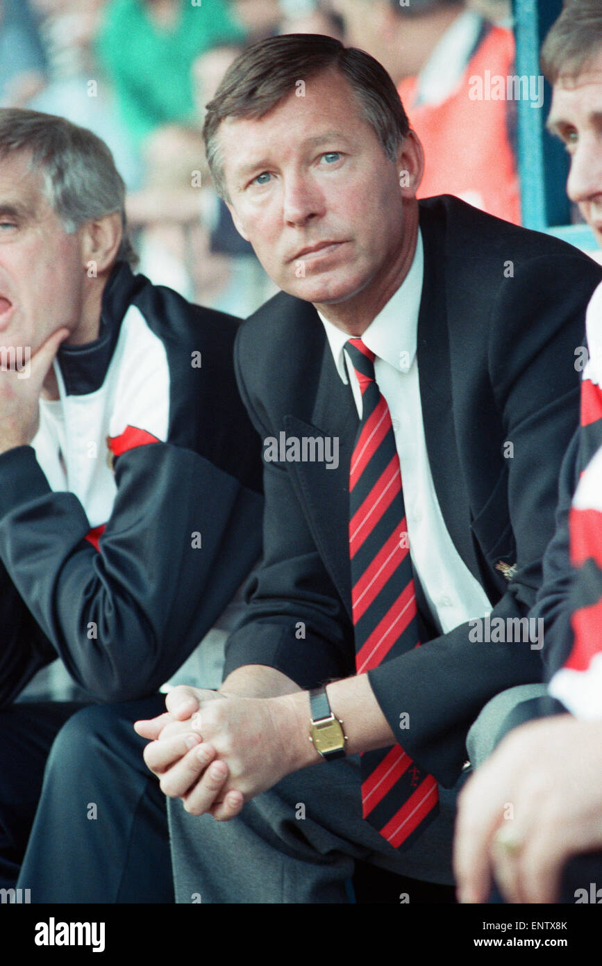 Manchester United manager Alex Ferguson watches his team in action during  the League Division One 5-1 defeat to Manchester City at Maine Road. 23rd  September 1989 Stock Photo - Alamy