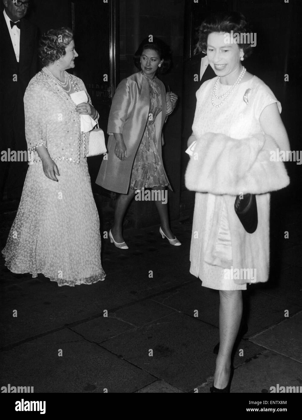 The Queen, Princess Margaret and The Queen Mother at The Palace Theatre, London, to see 'The Desert Song' 4th August 1967. Stock Photo