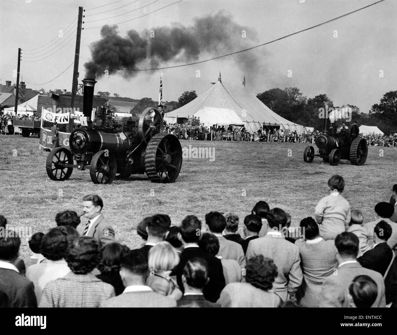 Traction Engines in race at Rally. A race between 10-ton traction engines, with policemen at the wheel, over a half-mile course, was one of the main attractions at a steam traction engine dally at Paris Hall Farm, Epping, the rally organized by the Epping police sports club in conjuction with the national traction engine club, was opened by the former light-heavyweight boxing champion of the world, Freddie mills. 1st October 1955 Stock Photo