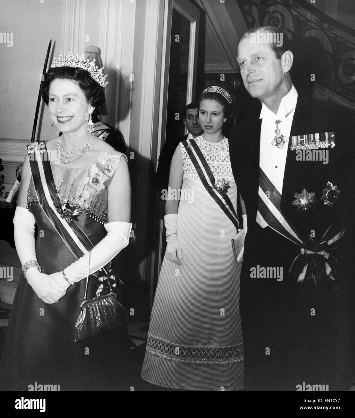 The Queen and The Duke of Edinburgh and Princess Anne at the British Embassy in Vienna wearing the Order of Merit for services to the Republic of Austria. May 1969. Stock Photo