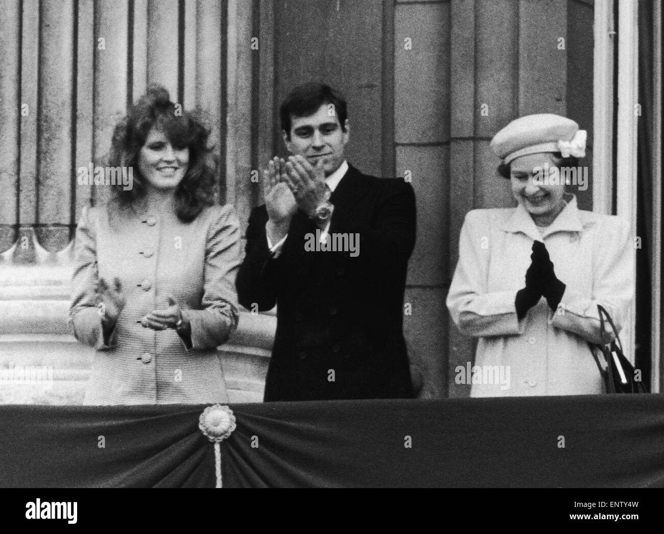 The Queen's 60th Birthday, pictured with Prince Andrew and Duchess of York on the balcony at the Palace. 21 April 1986. Stock Photo