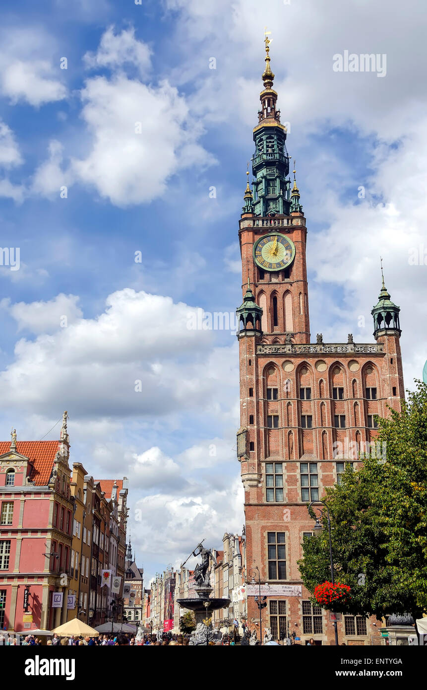 Scenic View Old Town Gdansk Poland with Neptune Statue, Main Town Hall and gabled tenement buildings. Stock Photo