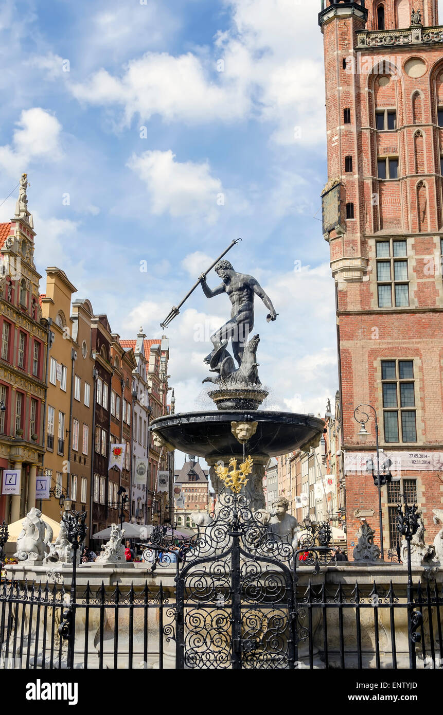 Neptune Fountain (1633) bronze statue on  Dluga Targ (Long Market Street, The Royal Way) symbol of Old Town Gdansk Poland Stock Photo