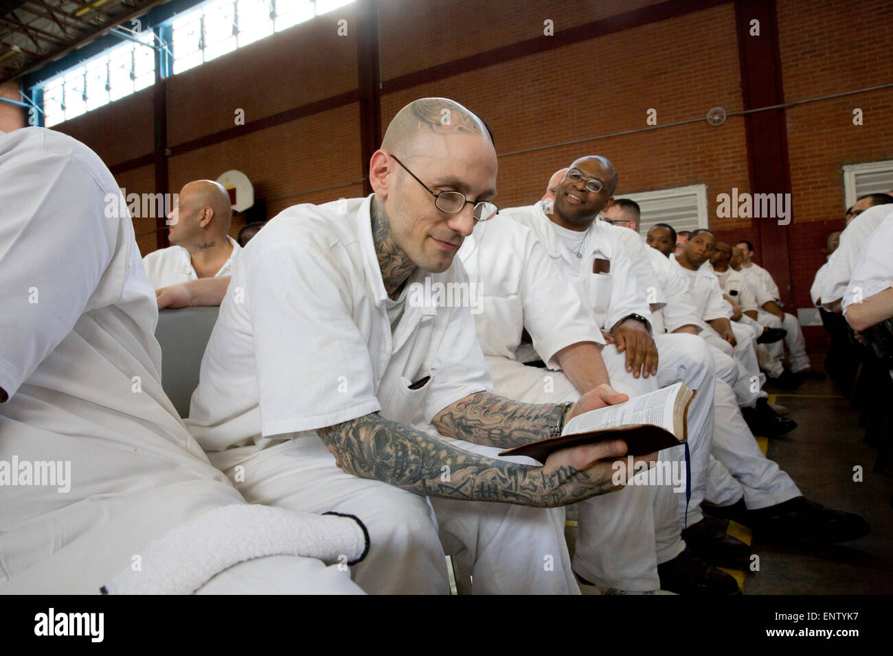Male inmate students of a Christian ministry program inside the maximum security prison near Houston, Texas Stock Photo