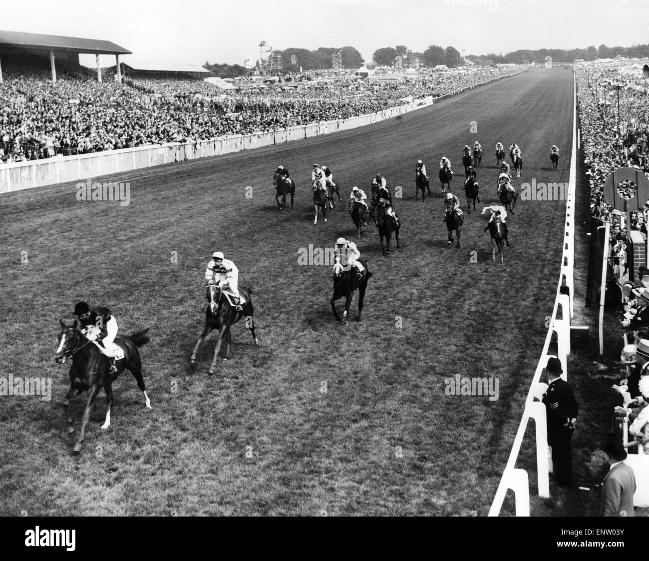 The 1965 Derby was won by the French colt Sea Bird II. The Irish challenger Meadow Court came second two lengths behind the winner- and third was I Say. M. J. Ternynck, the owner of Sea Bird II will receive a prize of £65,301. Meadow Court wins £7,506 and I Say £3,653. Sea Bird II passes the winning post followed by Meadow Court and I Say. June 1965 Stock Photo