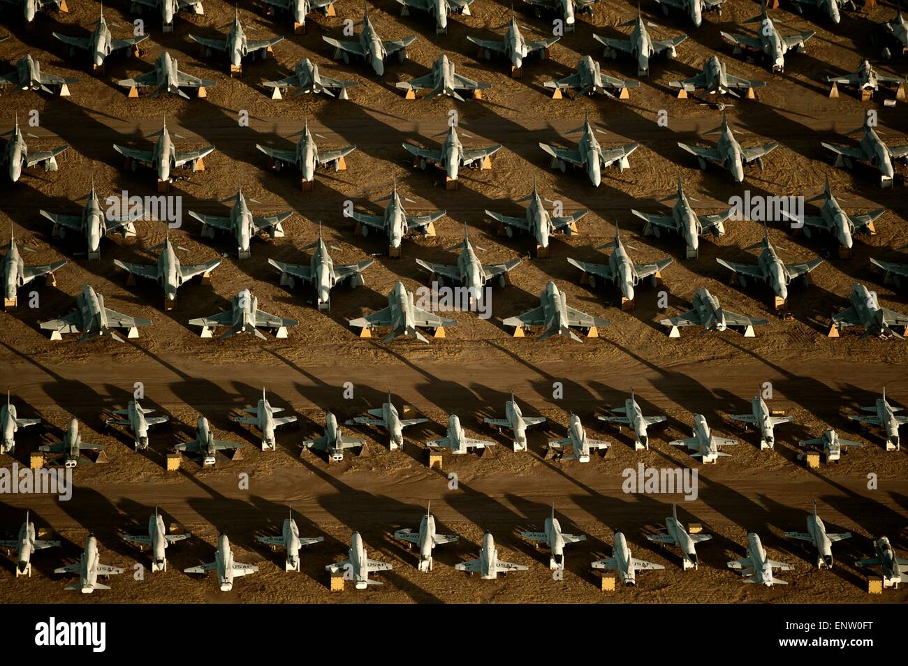 An aerial view of retired F-4 Phantoms and T-38 Talons fighters parked at the 309th Aerospace Maintenance and Regeneration Group known as the Boneyard January 9, 2013 at Davis-Monthan Air Force Base, Arizona. Stock Photo