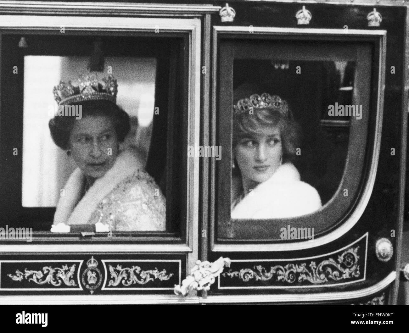 The Queen and Princess Diana on the way to the State Opening of Parliament. 4th November 1982. Stock Photo