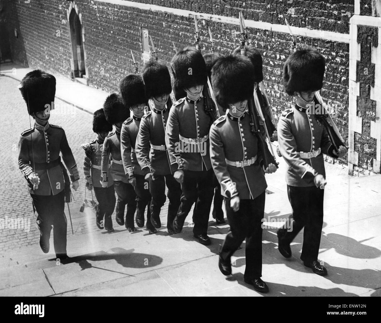 Members of the Irish Guards: Royal Fusiliers seen here on guard duty at the Tower of London. 15th May 1949 P015238 Stock Photo