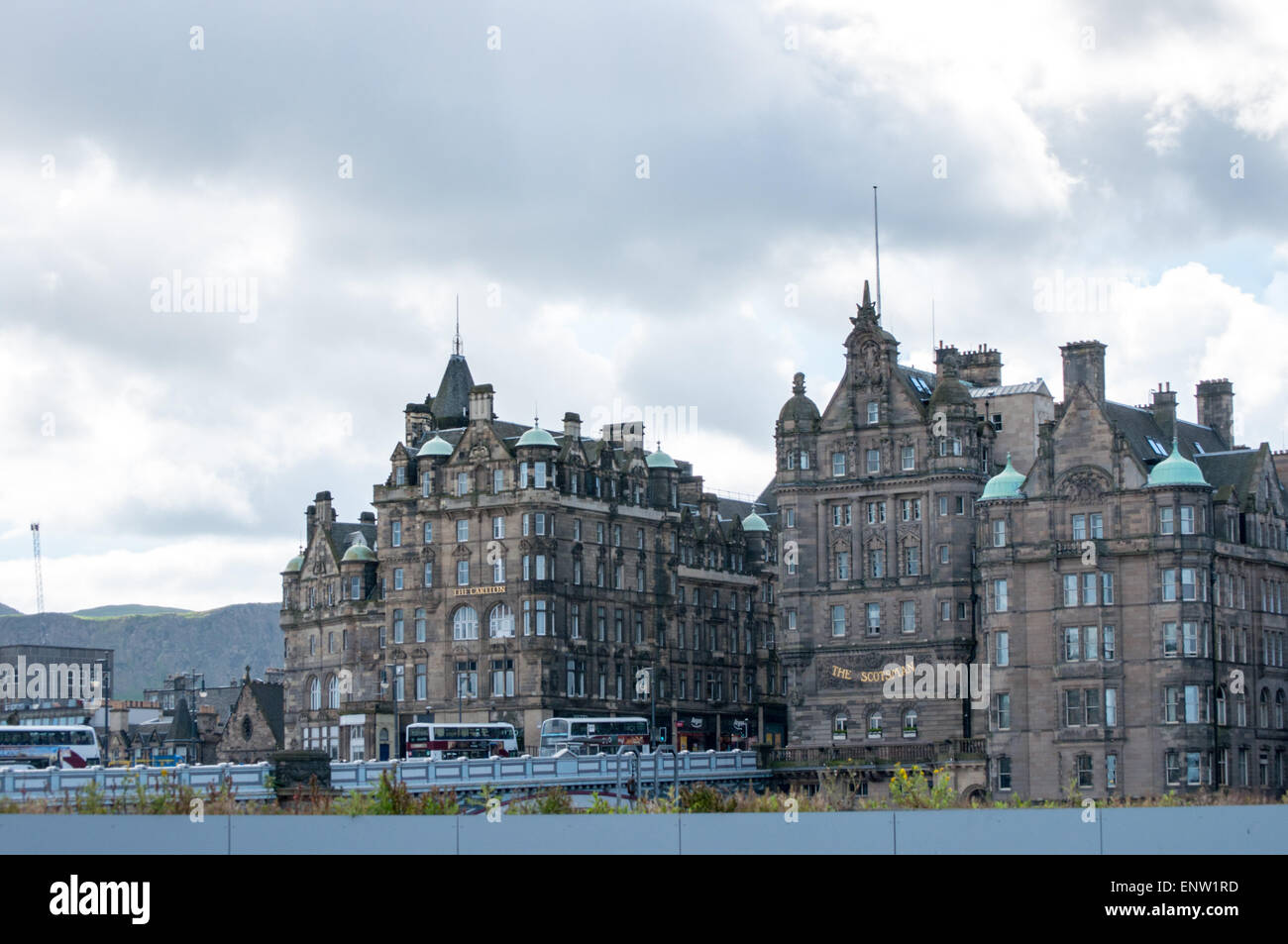 A view of the Carlton Hotel and the old Scotsman building at the top of North bridge - Edinburgh, Scotland Stock Photo