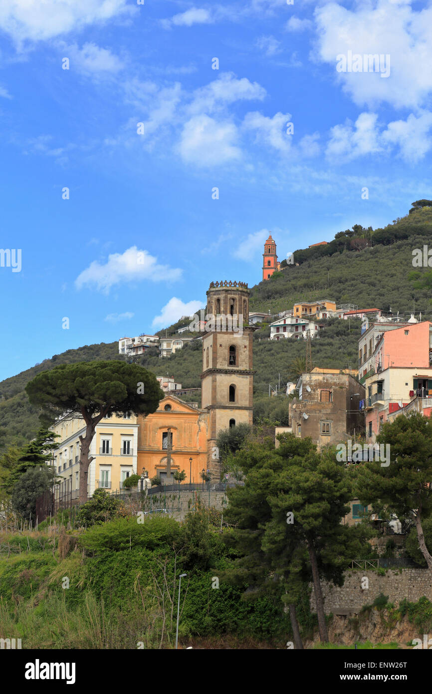 Churches on the cliffside, Vico Equense, Sorrento peninsular, Italy. Stock Photo