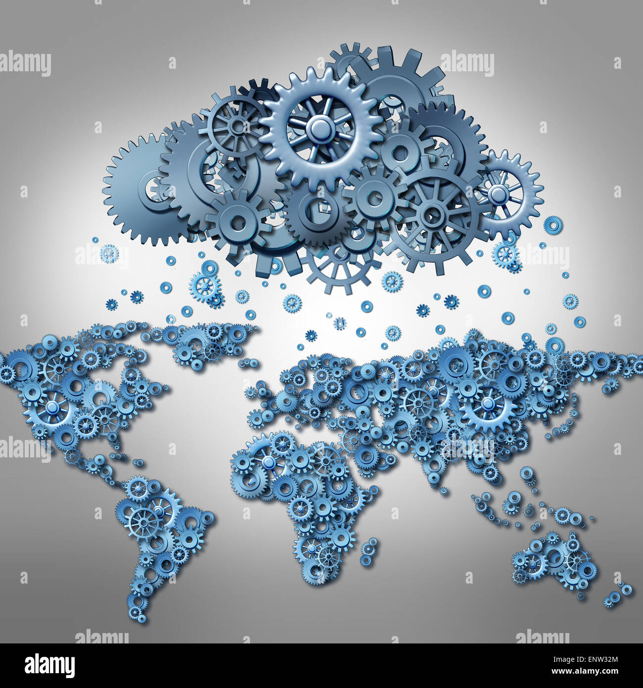Cloud computing Concept and global internet technology symbol as world map made of machine gears and a group of cog wheels shape Stock Photo