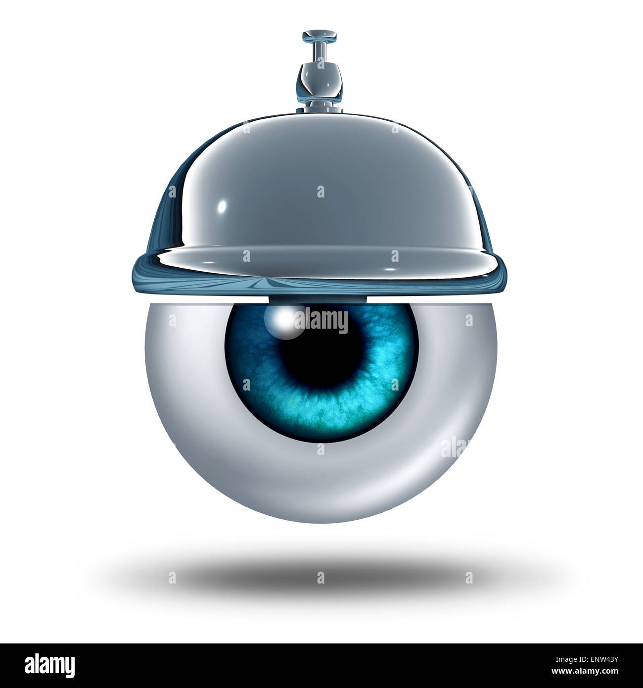 Eye health service concept as a human vision organ with a service bell as a healthcare metaphor and diagnosis symbol for a vision test or eyesight problems help from an apthalmologist or optometrist medical professional services. Stock Photo