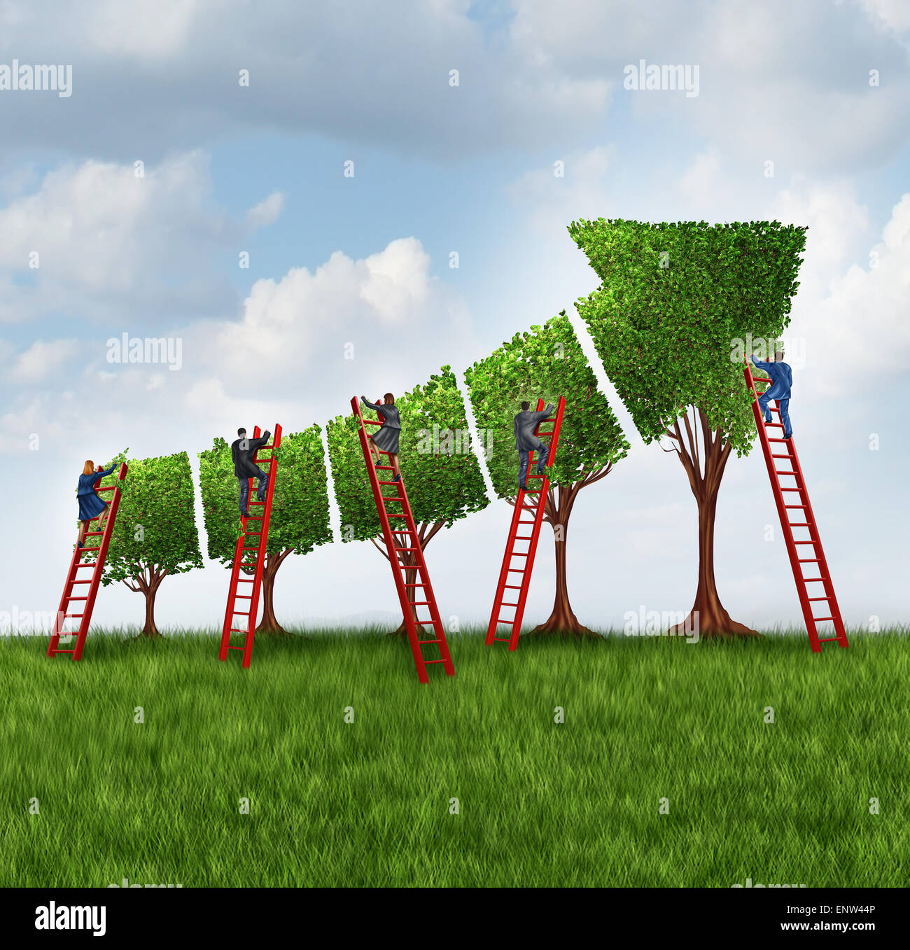 People group investing and financial services business concept as a team of corporate workers and employees with businessmen and businesswomen on a red ladder caring for trees shaped as a finance chart arrow going up. Stock Photo