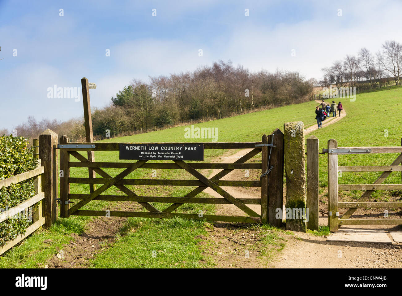 Walkers at the Entrance to Werneth Low Country Park, Greater Manchester. Stock Photo