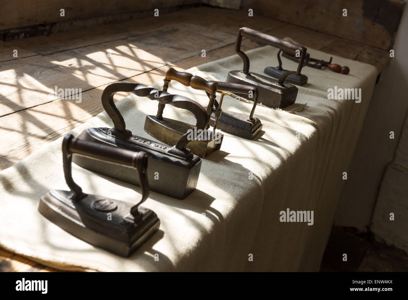 Collection of old metal clothes irons Stock Photo