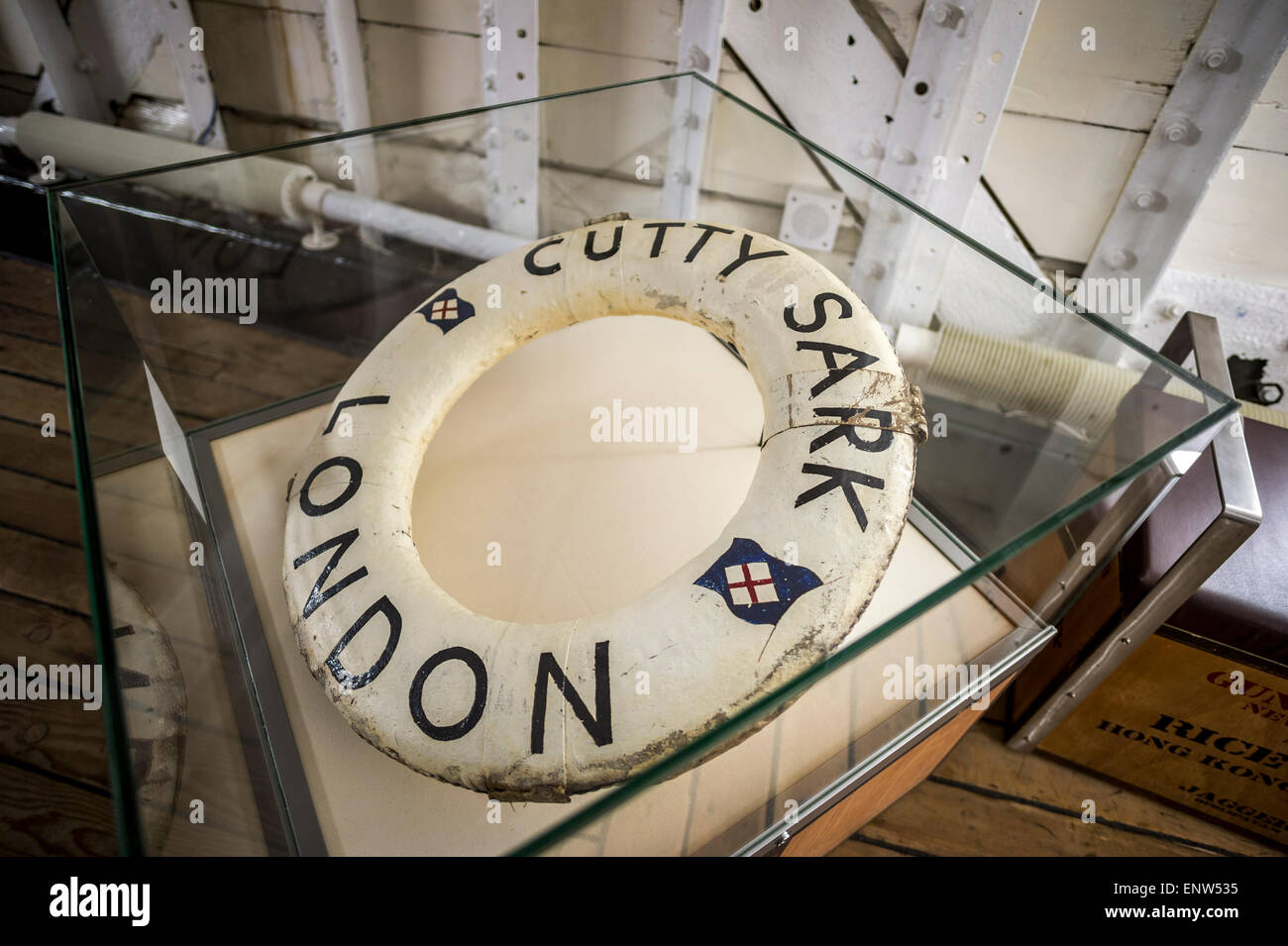 A life buoy on the Cutty Sark, a permanent museum exhibit on display in Greenwich, England Stock Photo