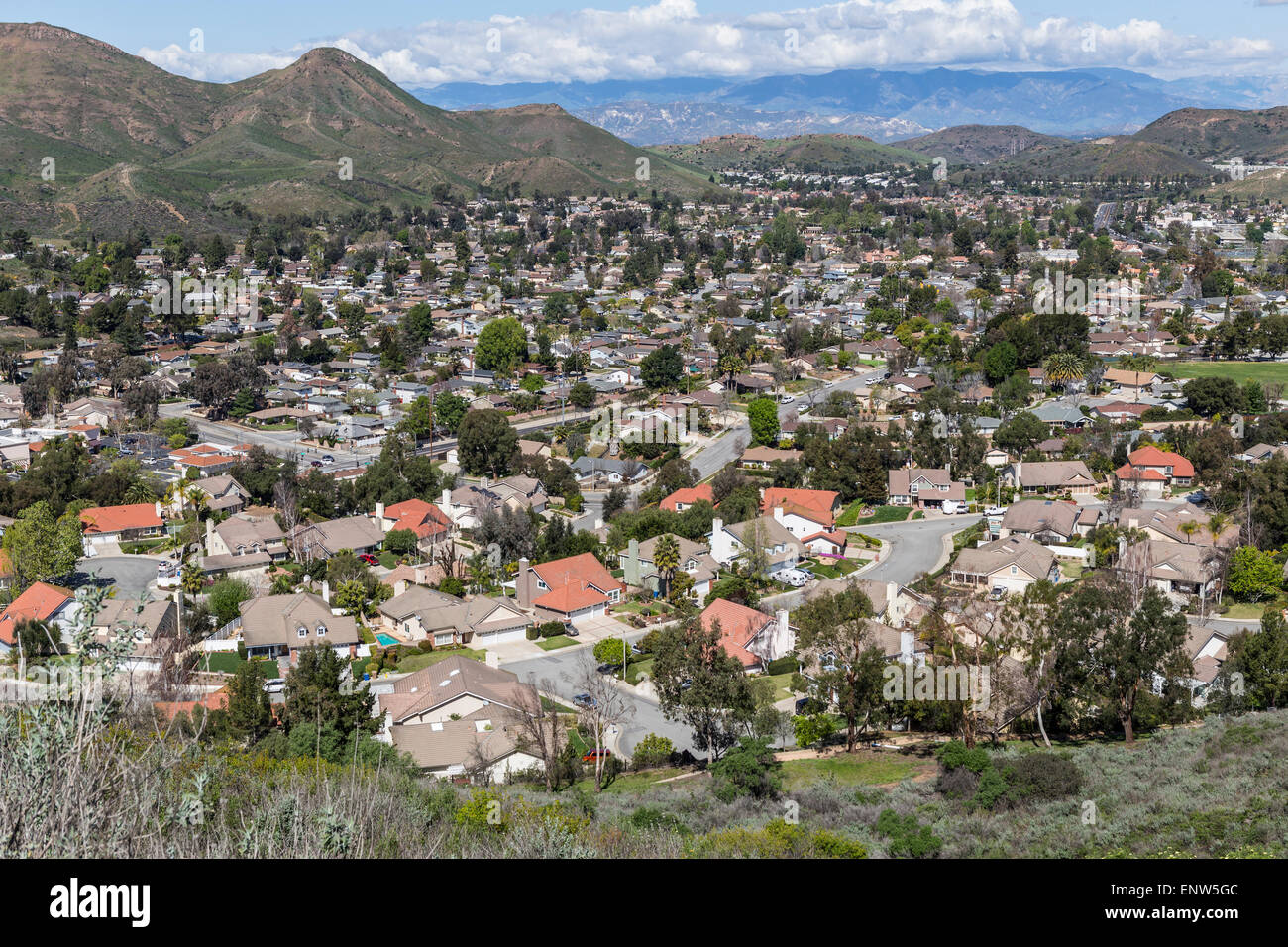 Suburban Newbury Park homes and hills near Los Angeles in Southern California. Stock Photo
