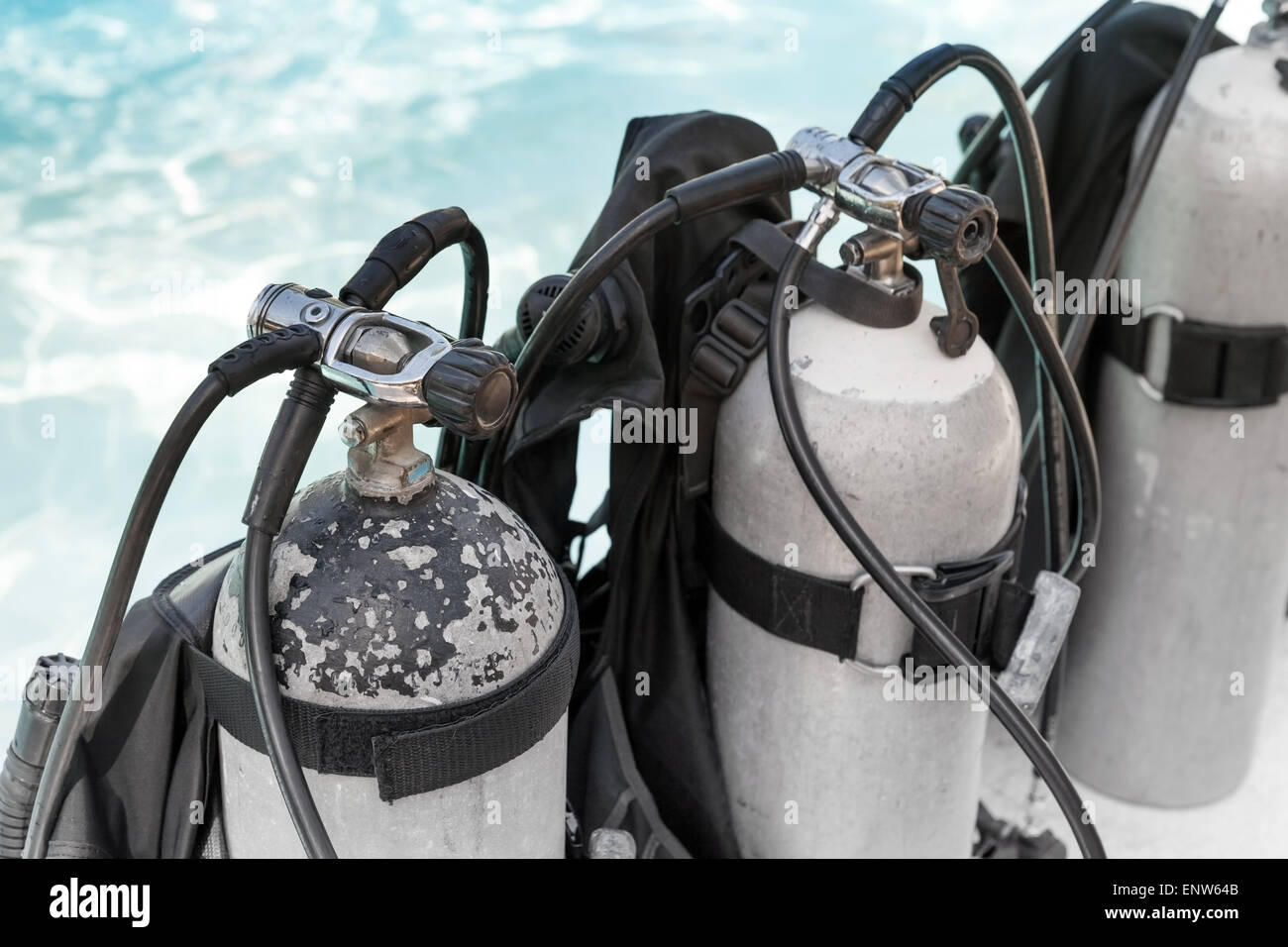 Row of personal tanks with compressed air for using during a diving trips Stock Photo Alamy