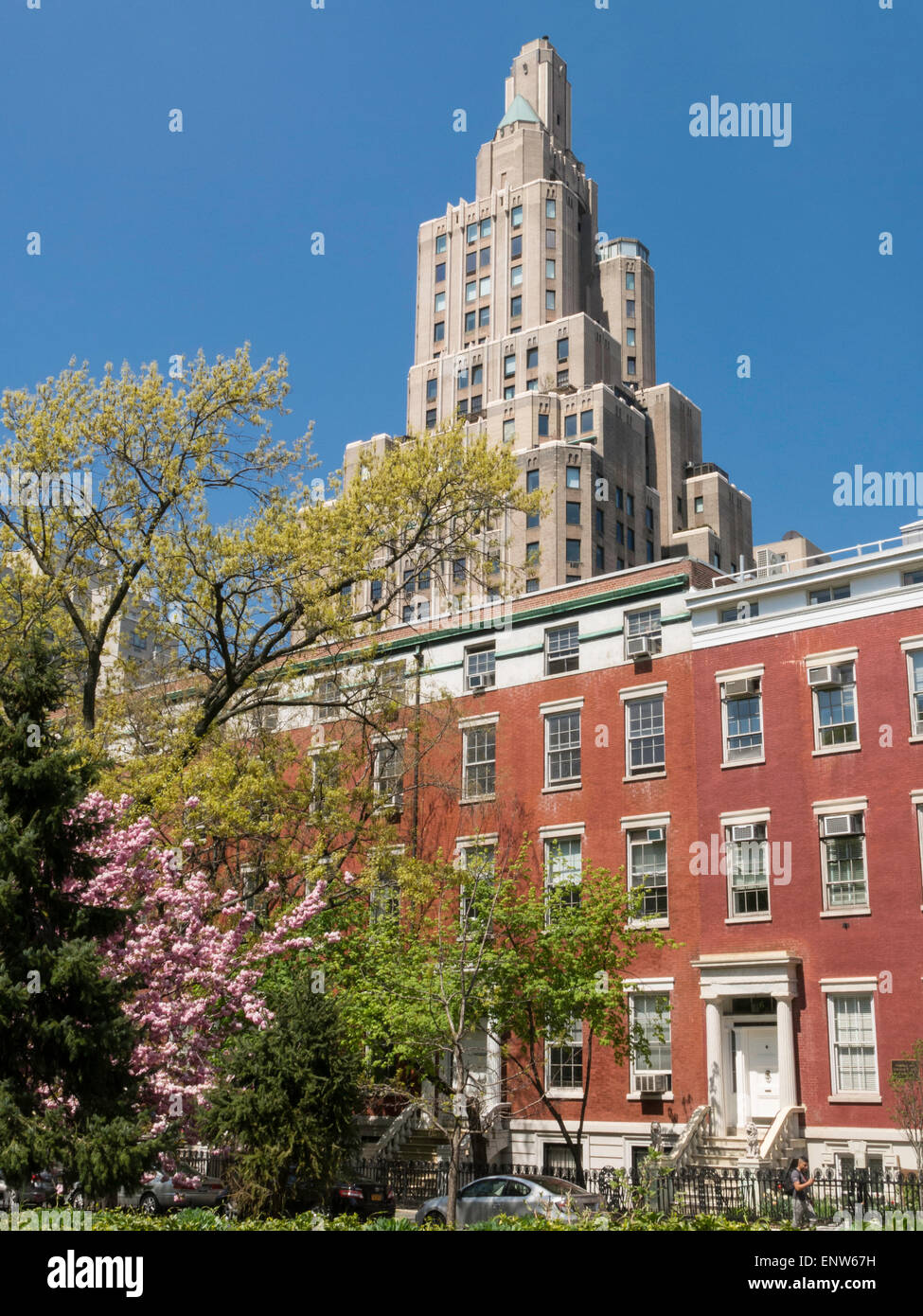 Washington Square North in Springtime with One Fifth Avenue looming in the background, Greenwich Village, NYC, USA Stock Photo
