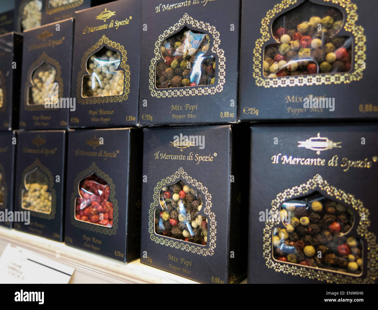 Moroccan Peppercorn Boxes, Eataly Italian Marketplace, NYC Stock Photo