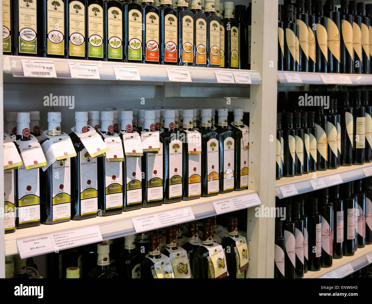 Imported Olive Oil Display, Eataly Italian Marketplace, NYC Stock Photo