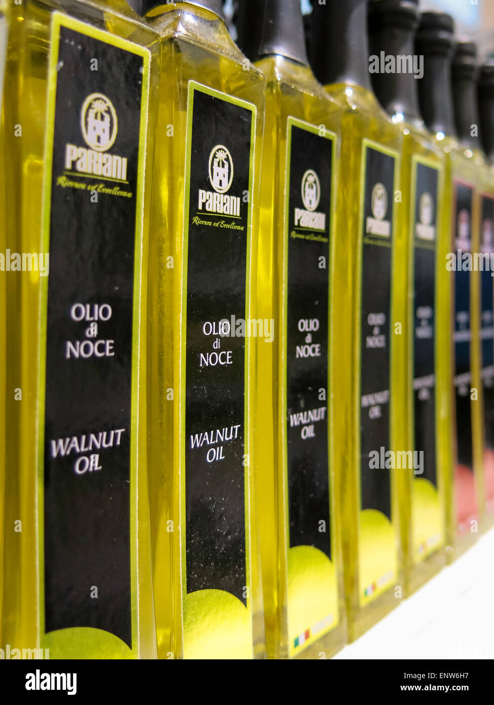 Imported Olive Oil Display, Eataly Italian Marketplace, NYC Stock Photo