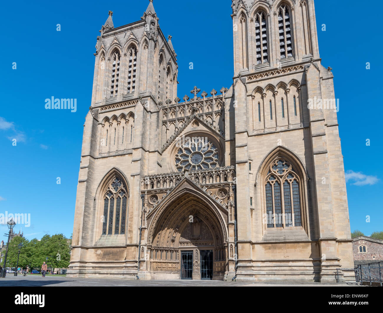 A view of the west side of Bristol Cathedral showing the two towers at the rose window. Stock Photo