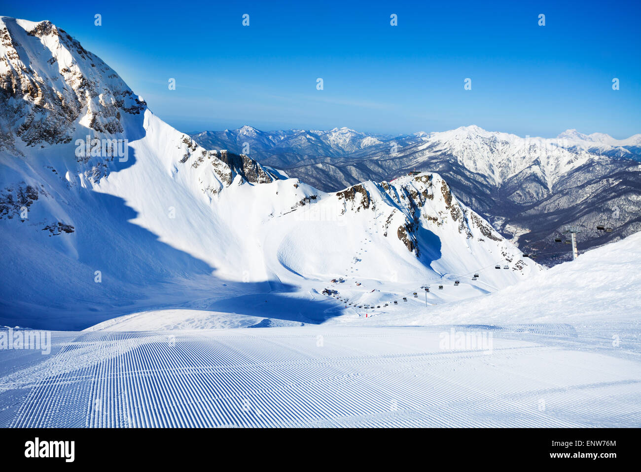 Ski-track with Caucasus mountains on background Stock Photo