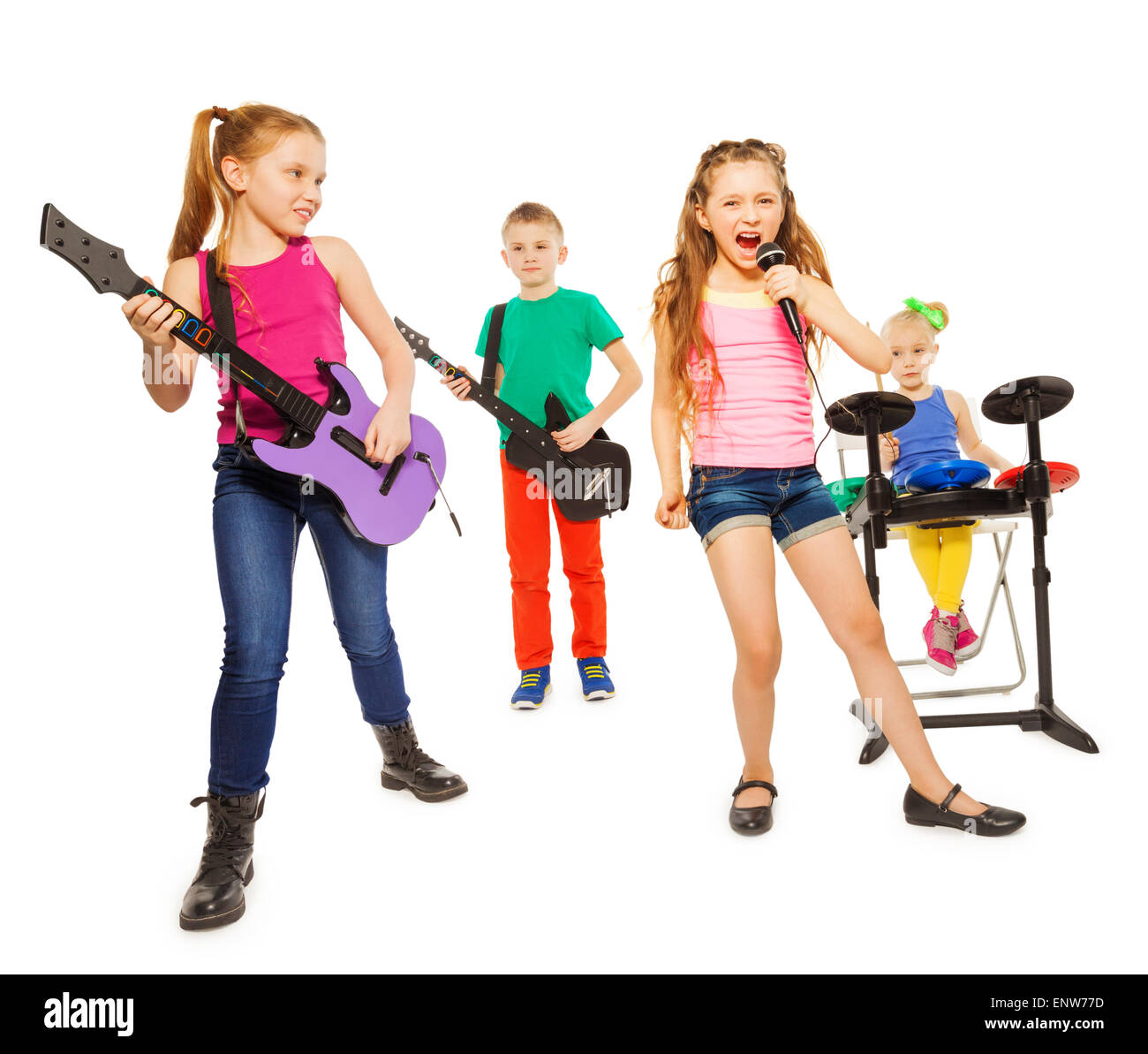 Cool kids play musical instruments as rock group Stock Photo - Alamy