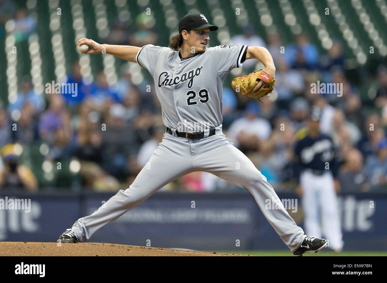 Milwaukee, WI, USA. 11th May, 2015. Chicago White Sox starting pitcher Jeff Samardzija #29 delivers a pitch during the Major League Baseball game between the Milwaukee Brewers and the Chicago White Sox at Miller Park in Milwaukee, WI. John Fisher/CSM/Alamy Live News Stock Photo
