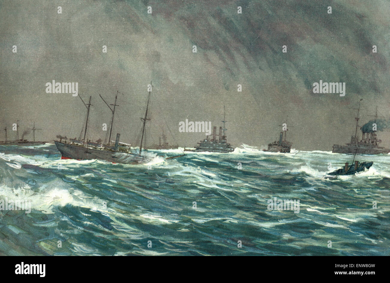 United States Warships in a blow - Squally weather off the Cuban Coast - USS Newport, USS Annapolis, USS Wilmington, USS Indiana, USS Miantonomoh, USS Foote, USS New York - Spanish American War Stock Photo