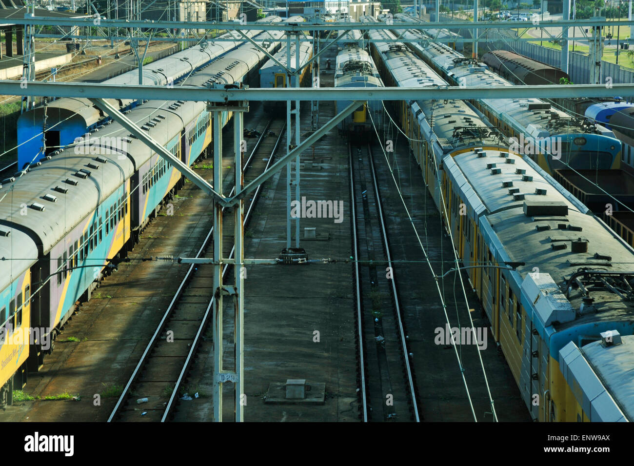 Carriages of commuter trains parked in train yard, Durban, South Africa ...