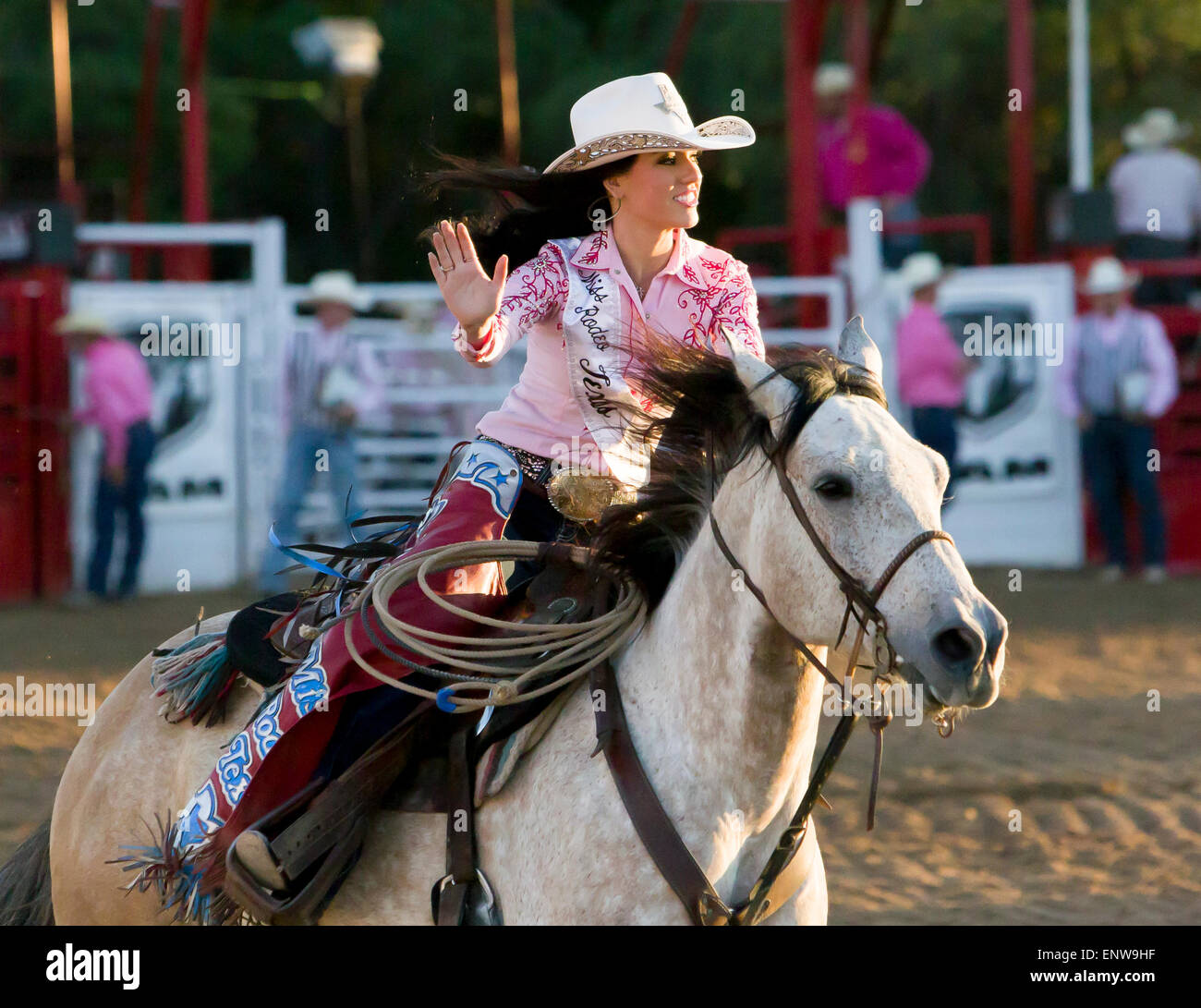 Miss Rodeo Texas Alexandria (Alex) Ingram rides in the opening ceremony at the Helotes Cornyval PRCA rodeo Stock Photo