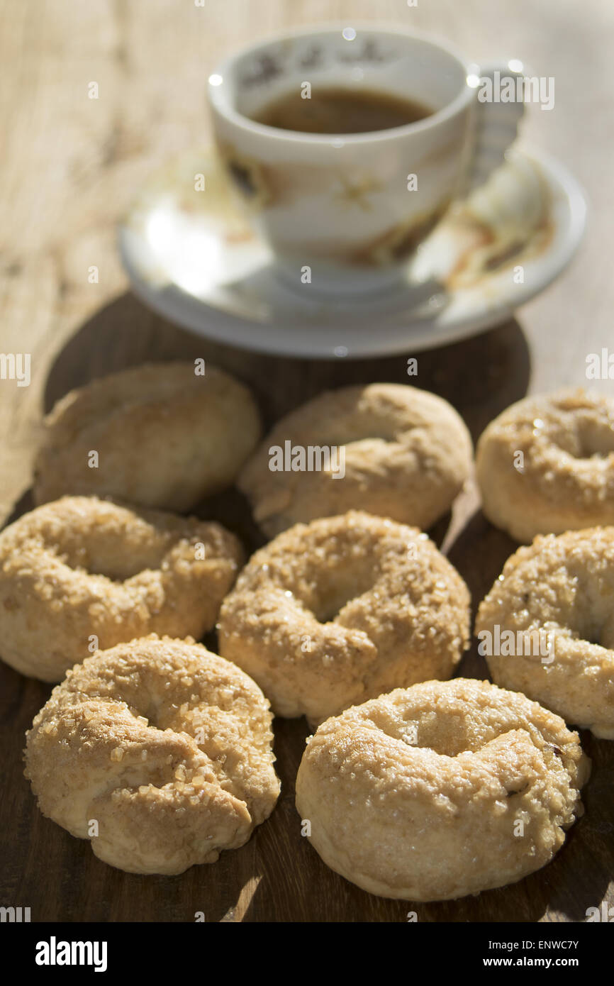 Italian espresso coffee and homemade light biscuits for breakfast Stock
