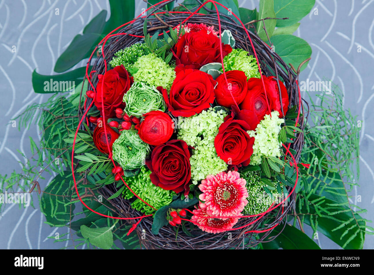 nature, plants, flowers, bunch of flowers, birthday bouquet, red roses, buttercups, ranunculus, gerbera Stock Photo