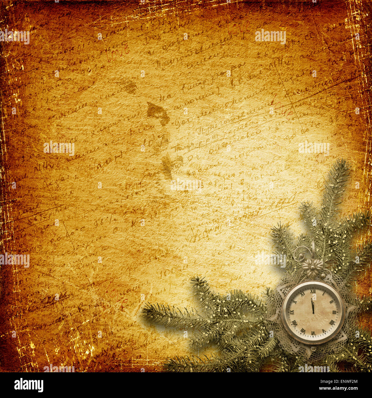 Antique clock face with lace and firtree on the abstract background Stock Photo