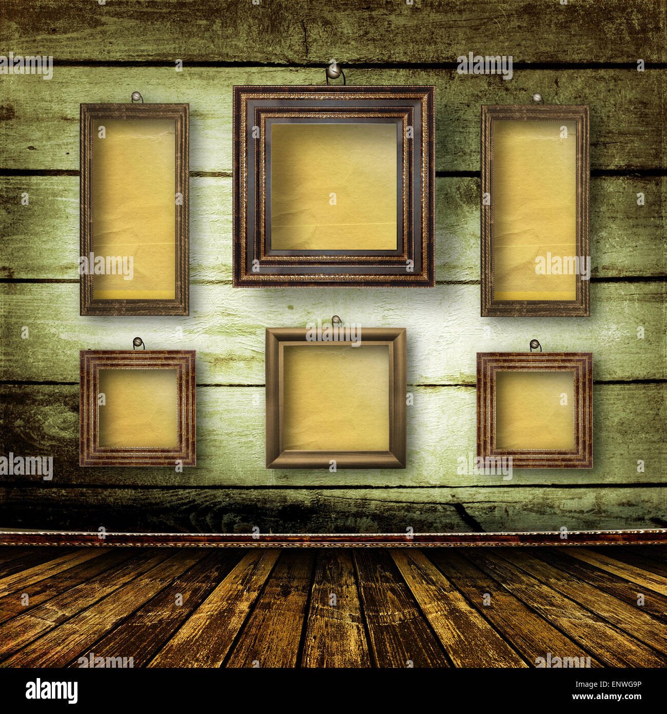 Old room, grunge  interior with frames in style baroque Stock Photo