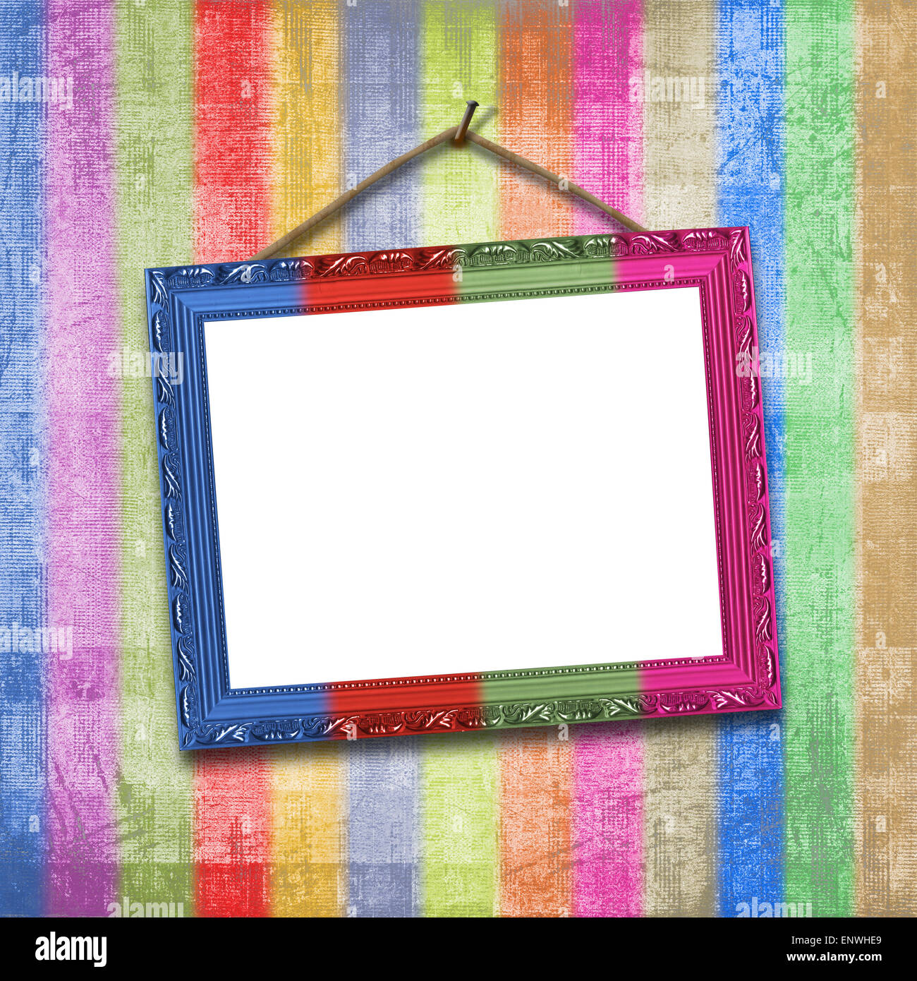 Wooden multicolored framework for portraiture on the striped background Stock Photo