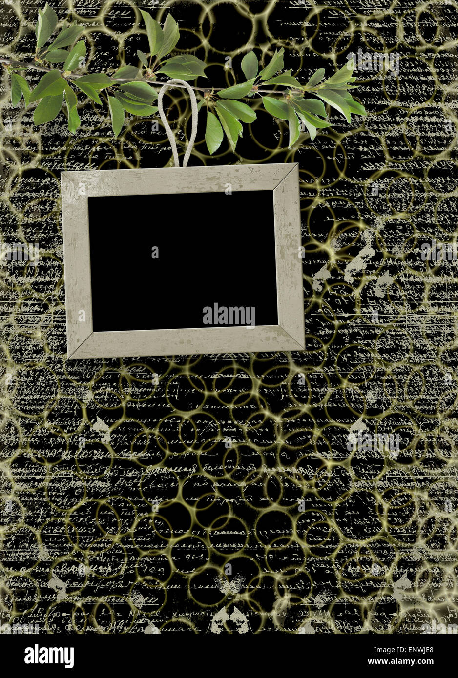Wooden frame hanging from a tree branch on the grunge background Stock ...