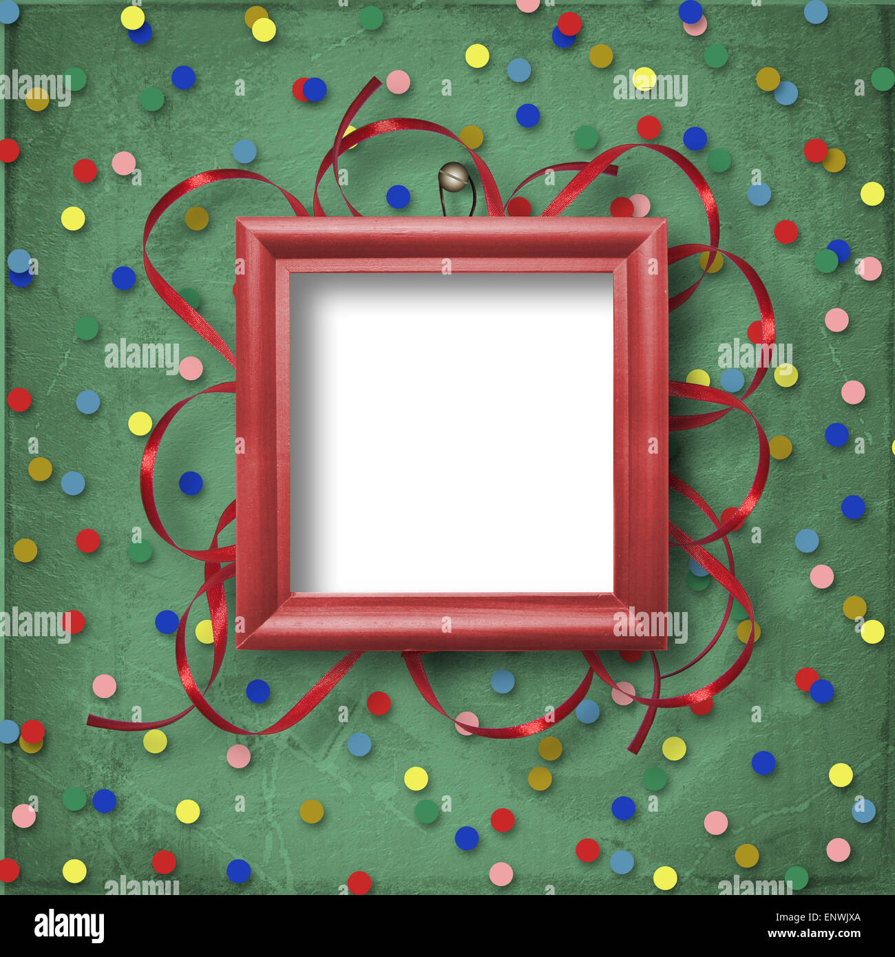 Wooden framework for portraiture on the abstract background with confetti and ribbon Stock Photo