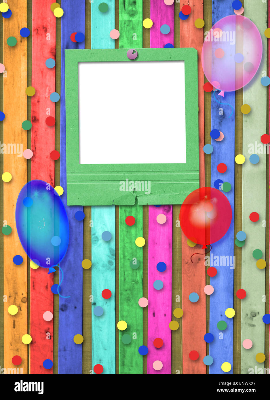 Old slide with balloons and confetti on the abstract background Stock Photo