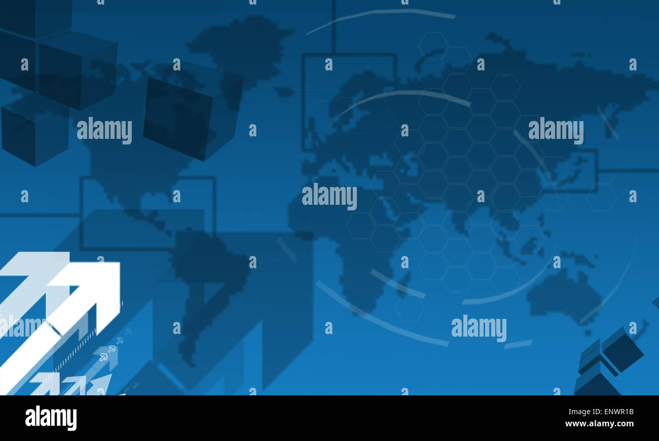 Business background in blue with arrows and a map of the world Stock ...