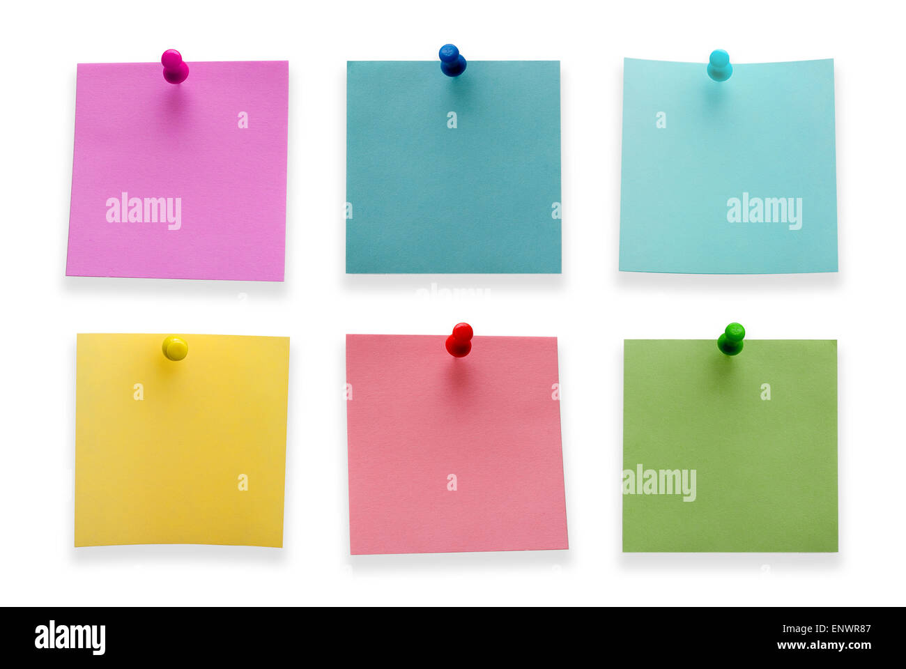 A different color post it notes with spins isolated on white background ...