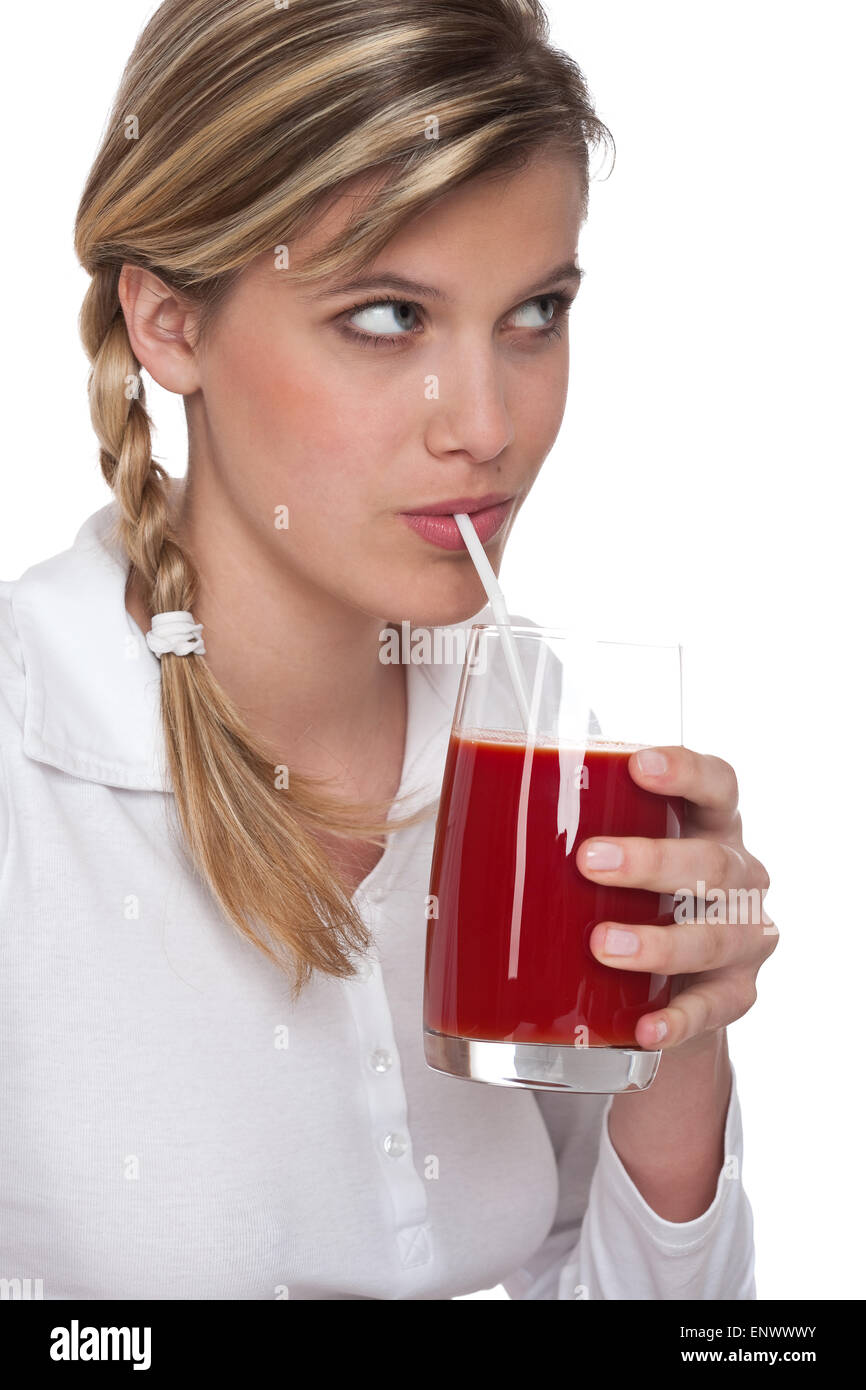 Healthy lifestyle series Woman drinking tomato juice Stock Photo Alamy