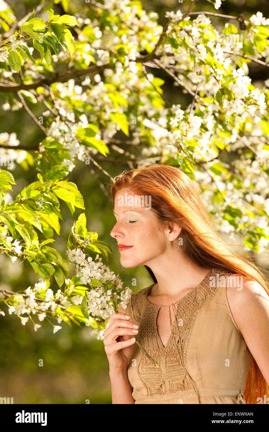 Young woman enjoying spring under blossom tree Stock Photo - Alamy